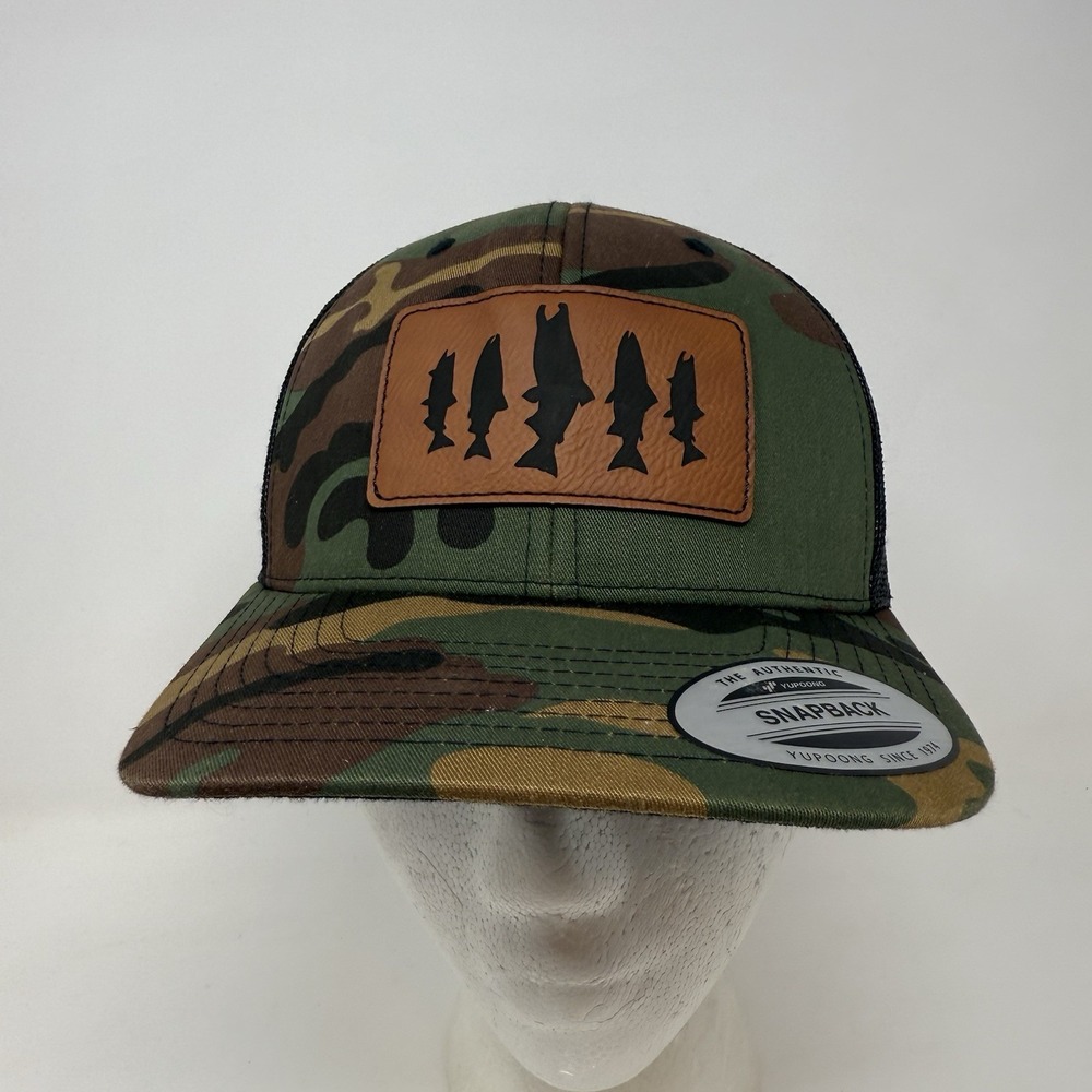 PeterPan Seafoods Salmon Leather Patch Camo Mesh Trucker Hat Snap‎ Back YUPOONG
